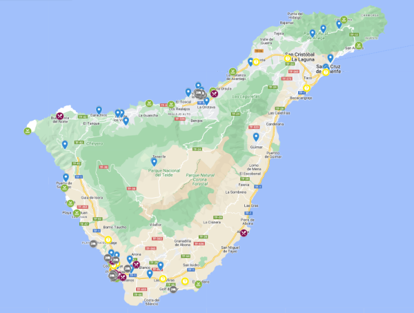 מפת טנריף ב Google Maps עם כל האטרקציות, חופים, מסעדות מלונות ועוד.